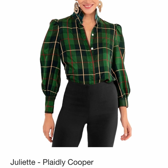 Gretchen Scott green Plaidly Cooper style blouse.  Large.  Juliette style. - Picture 6 of 13
